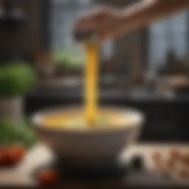 Blending Soup with a Hand Blender A hand blender in action blending soup in a bowl.