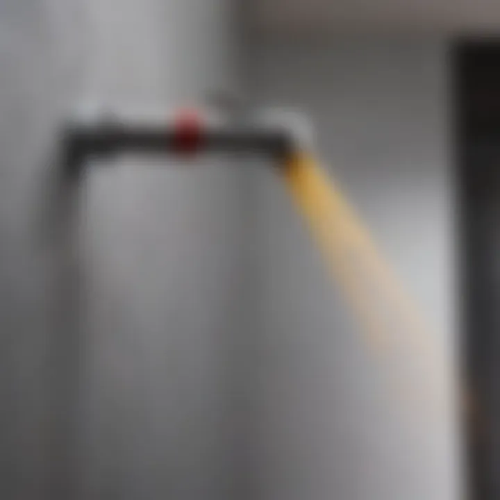 Close-up of a paint gun nozzle with paint being sprayed on a wall