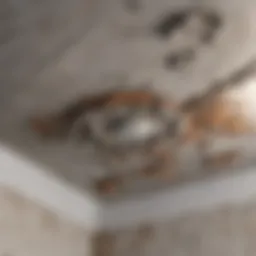 Close-up view of mold growth on a bathroom ceiling