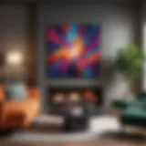 A vibrant abstract painting displayed on a stylish living room wall