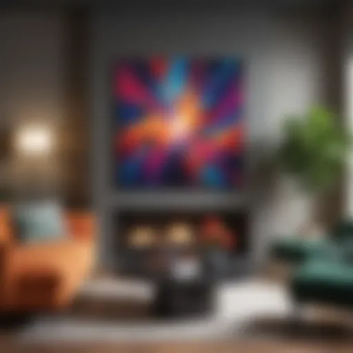 A vibrant abstract painting displayed on a stylish living room wall