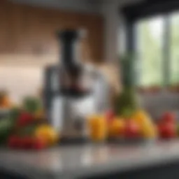 A sleek juicer on a kitchen countertop surrounded by fresh fruits and vegetables