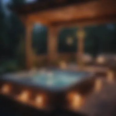 Cozy Evening Ambiance with Hot Tub A cozy evening setup with a hot tub on the deck