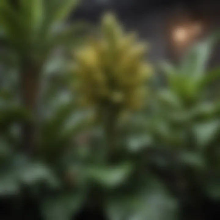 Banana plant showcasing its lush green leaves and developing fruit clusters