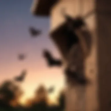 A close-up of bats emerging at dusk from a bat house