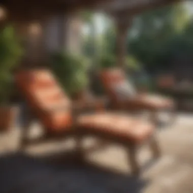 Cozy wooden lounge chairs under a shaded patio