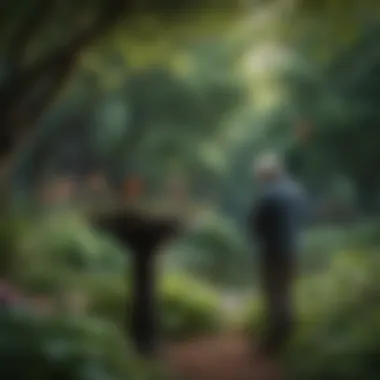 Birdwatching enthusiasts observing feeders in a scenic garden