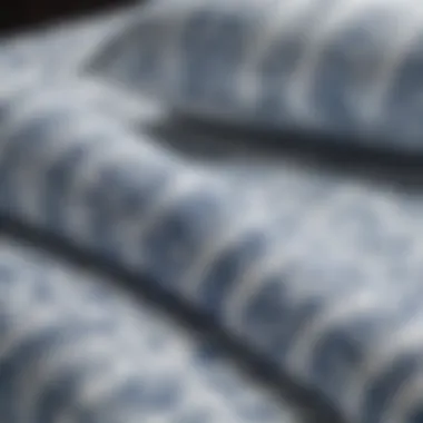 Close-up of intricate blue patterns on white fabric