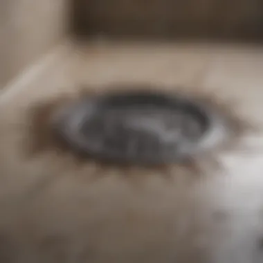 A close-up of a clogged shower drain revealing hair and debris