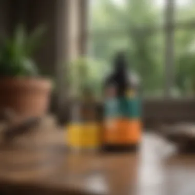 An array of natural pest control products displayed on a wooden table.