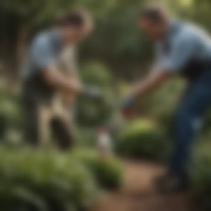 A person applying bug spray in a garden, demonstrating safe pest control practices.