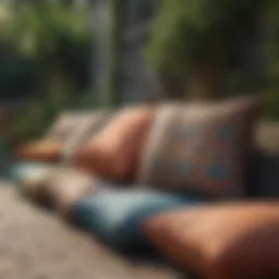 A variety of outdoor fabric cushions in different colors and patterns.