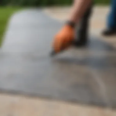 Professional applying sealant on flagstone patio