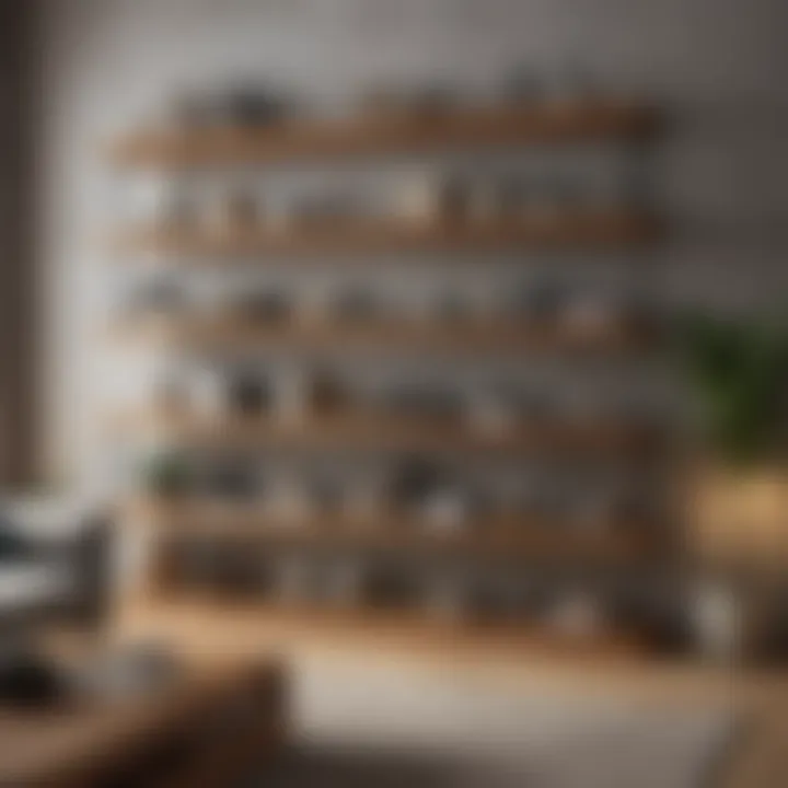 Elegant wooden shelving in a modern living room, showcasing books and decor.