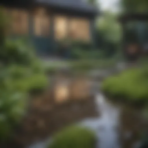 A lush green yard with distinct puddles forming on the surface.