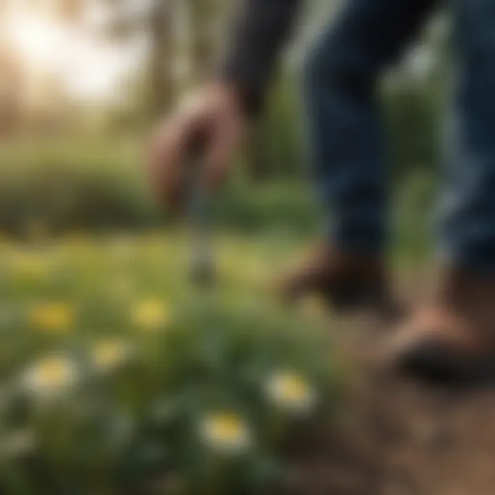 Handheld weeder tool extracting dandelions