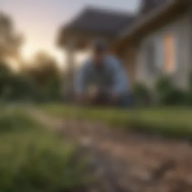 A professional pest control technician applying safe treatments around a home perimeter.