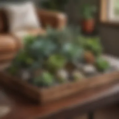 Nature-inspired centerpiece with a wooden tray, succulents, and stones on a rustic coffee table