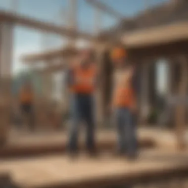 An illustration depicting a contractor discussing plans with a homeowner at a construction site.
