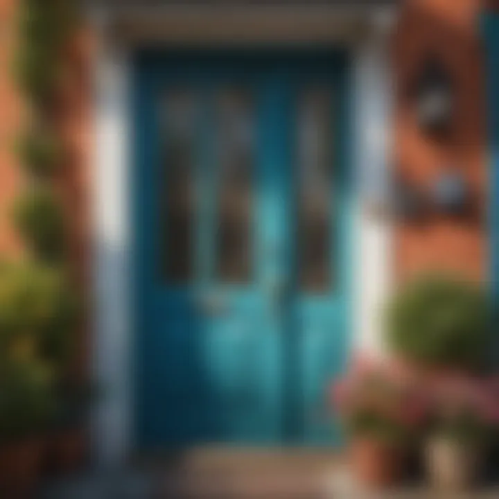Brightly painted cottage style front door with floral motifs