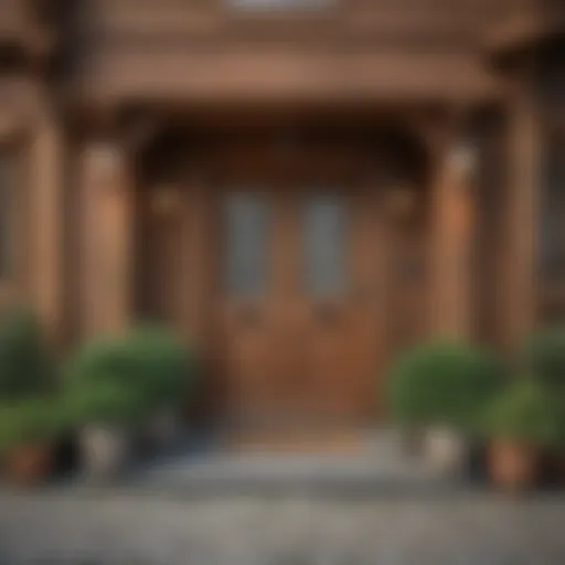 Charming wooden cottage style front door with decorative accents