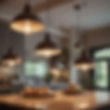 Close-up of vintage pendant lights above a kitchen island