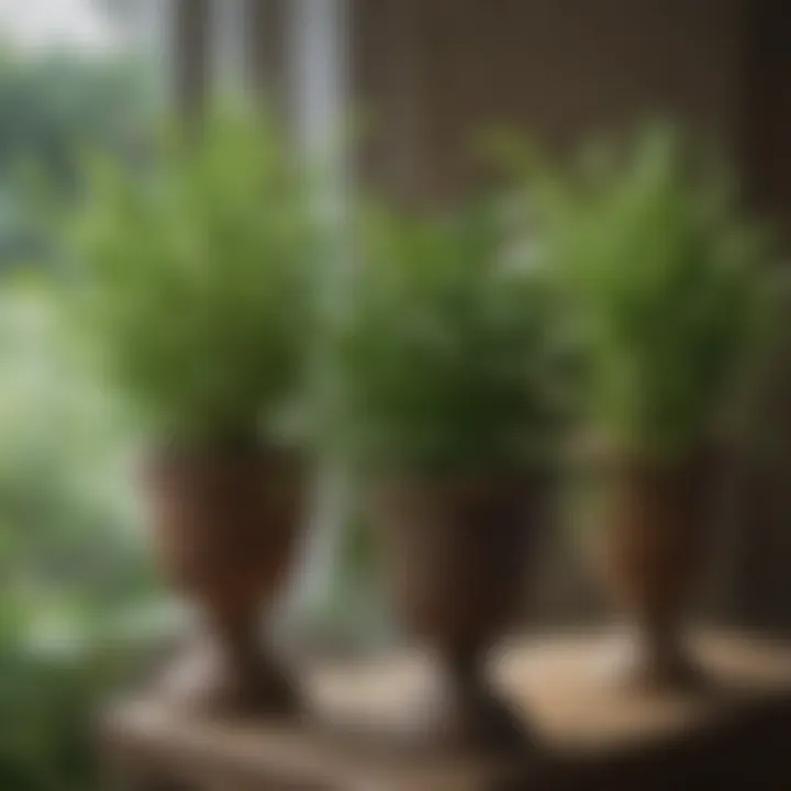 Close-up of carefully arranged herbs on a plant stand