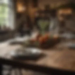 A rustic wooden farmhouse dining table adorned with seasonal decorations