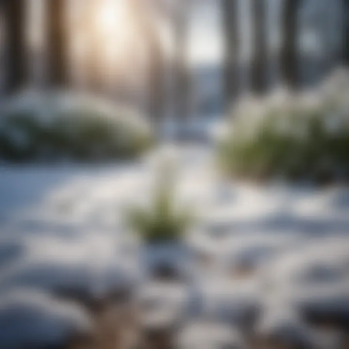 Winter landscape with early flowering bulbs peeking through snow