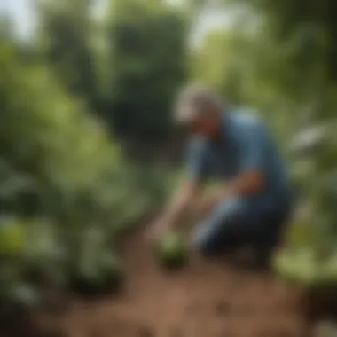 Gardener tending to avocado plants with care and attention