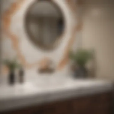 An elegant bathroom featuring a marbled backsplash that complements sleek fixtures.