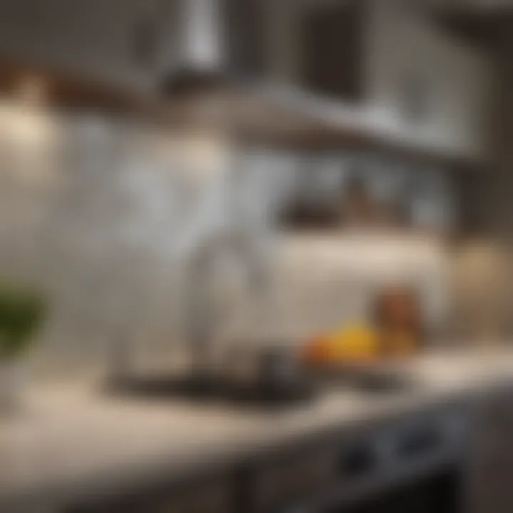 A modern kitchen showcasing a glossy subway tile backsplash in a geometric pattern.