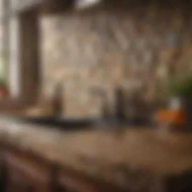 A rustic-themed kitchen with a natural stone backsplash that enhances its charm.