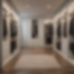 Elegant walk-in closet with custom wardrobe design showcasing efficient space utilization.