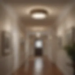 An elegant flush mount light illuminating a hallway with high ceilings