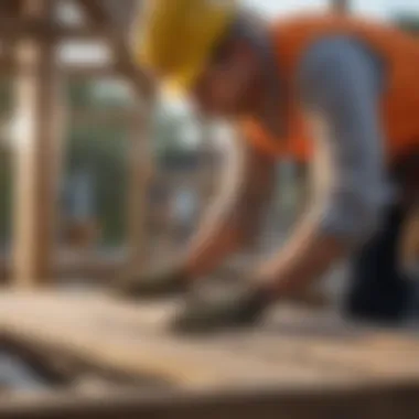 A close-up of a construction worker measuring a deck frame