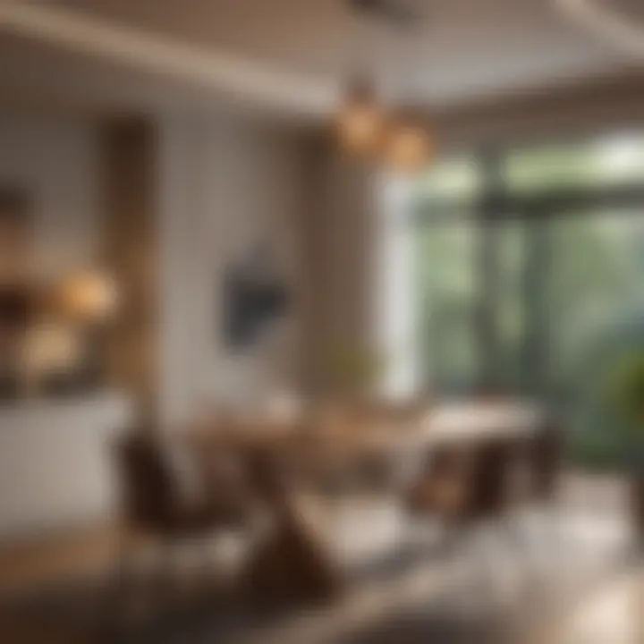 A dining table set under warm, ambient lighting creating an inviting atmosphere