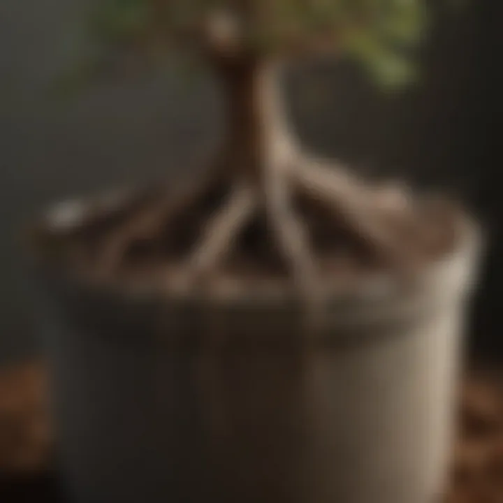 Close-up of soil and roots in a container with a dwarf tree