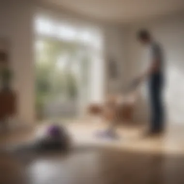 User interacting with a Dyson vacuum in a modern home