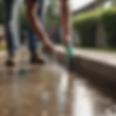 Application of Cleaning Solution A close-up of a homeowner applying a cleaning solution to a patio
