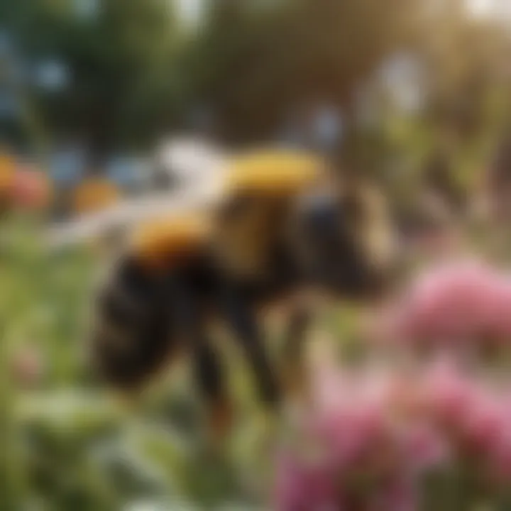 Bumble bee pollinating flowers in a garden