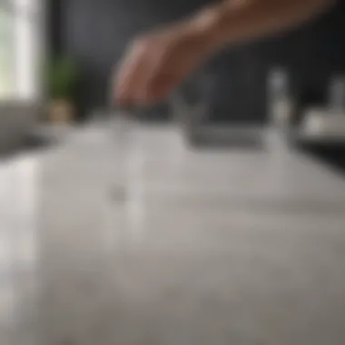 Hand applying a cleaning solution to a quartz countertop