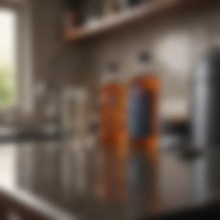 Various cleaning supplies arranged neatly on a kitchen surface