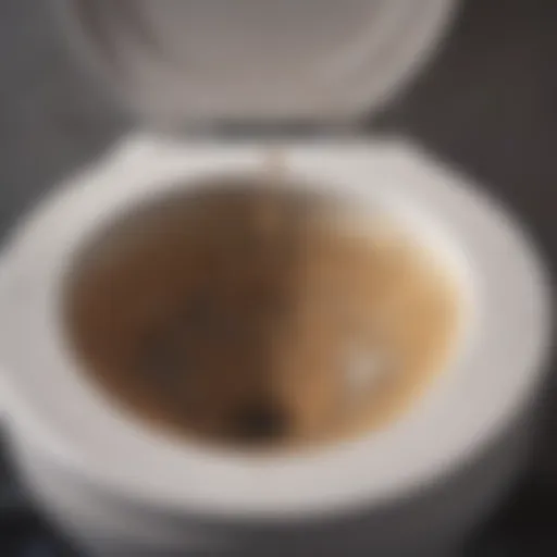 Close-up view of hard water stains in a toilet bowl