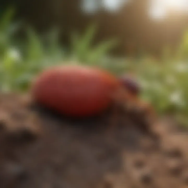 A close-up view of a red ant hill in a residential yard.