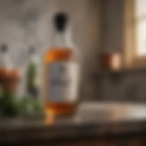 Close-up of vinegar bottle with moldy surfaces in the background