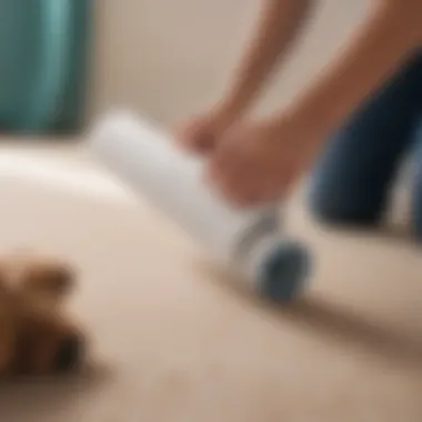 Lint roller in action removing pet hair from fabric