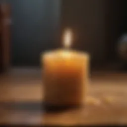 Close-up of a candle with wax residue on a wooden table