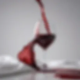 A vibrant red wine glass spilling liquid onto a pristine white fabric.