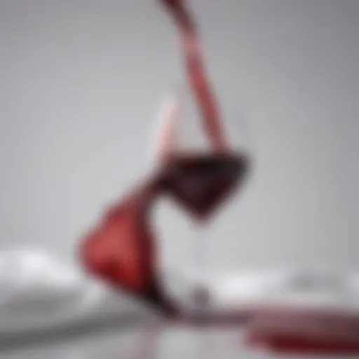 A vibrant red wine glass spilling liquid onto a pristine white fabric.
